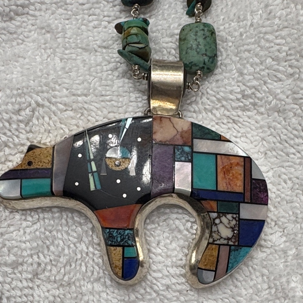 Inlay Stone Bear Pendant Necklace - Turquoise Multicolor heavy sterling silver